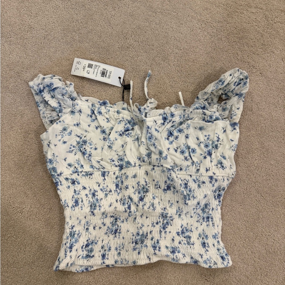 Garage Blue and White Floral Off the Shoulder crop top